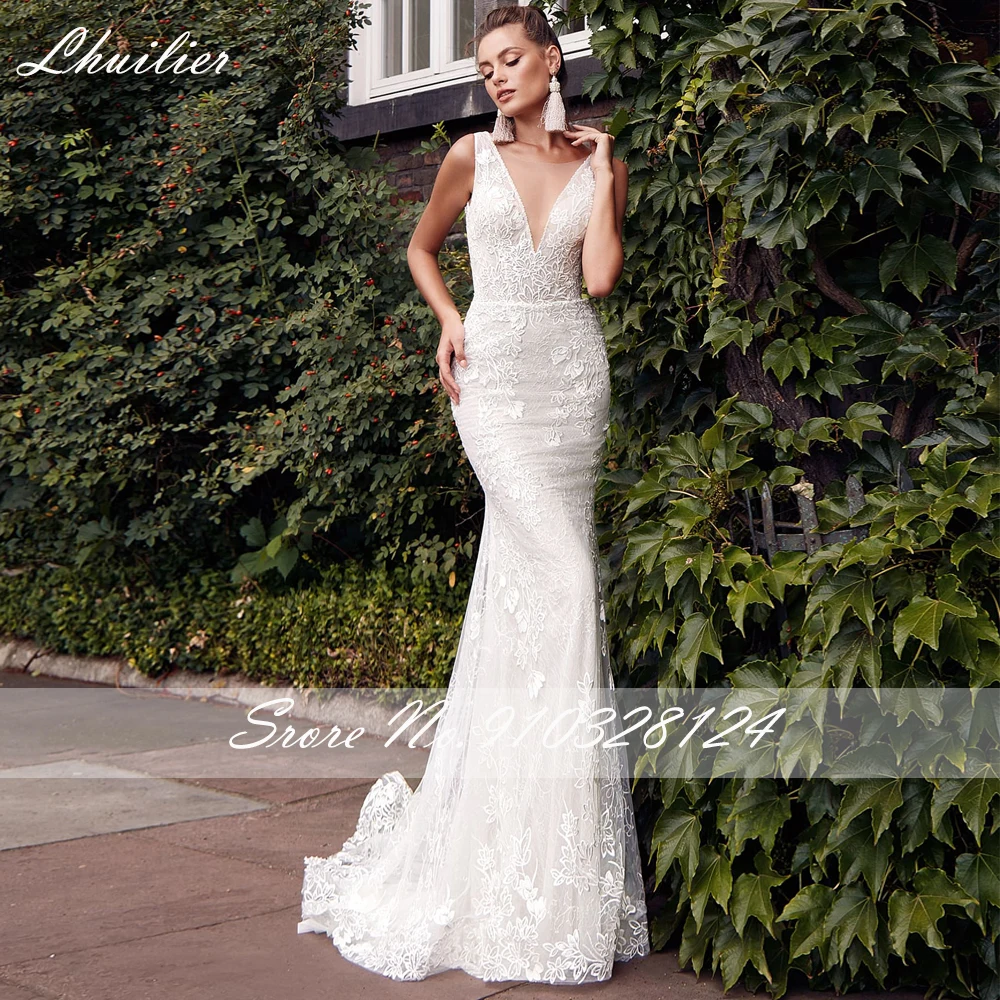 Lhuilier Sexy V Neck Lace Mermaid Wedding Dresses Sleeveless V Back Floor Length Bridal Gowns with Detachabl Train