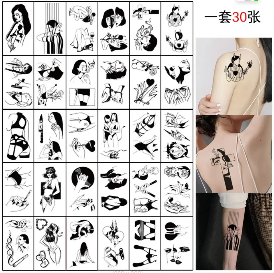 

30pcs Black Sexy Beauty Temporary Tattoo Stickers for Women Men Arm Body Art Waterproof Wrist Fake Flash Decals Tatoos T1968