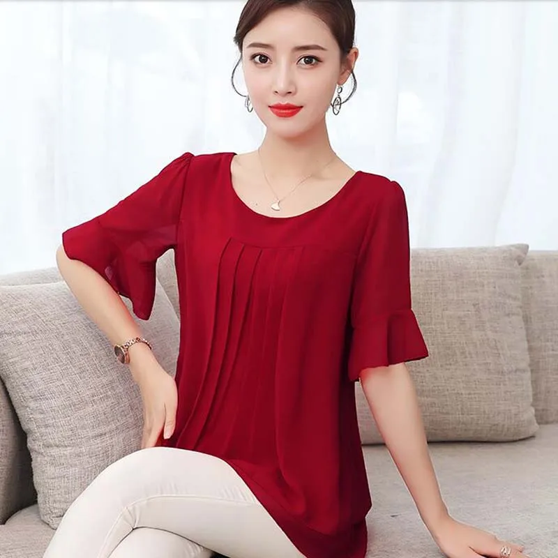 2020 Summer obesity Mid-length Chiffon Blouse Plus Size 5XL Women Short sleeve Beautiful Self-cultivati Shirt blouse NS4600