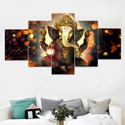 Nordic 5 Panels /Set The Hindu God Ganesh Elephant Canvas Printing Wall Art Posters and Prints Living Room Home Decor No Frame