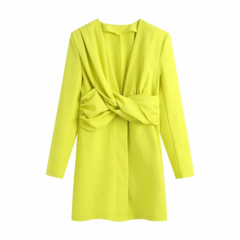 

Evfer Chic Lady Stylish Cross Knotted High Waist Nice Za Yellow Mini Dresses Women Fashion VNeck Long Sleeve Summer Blazer Dress