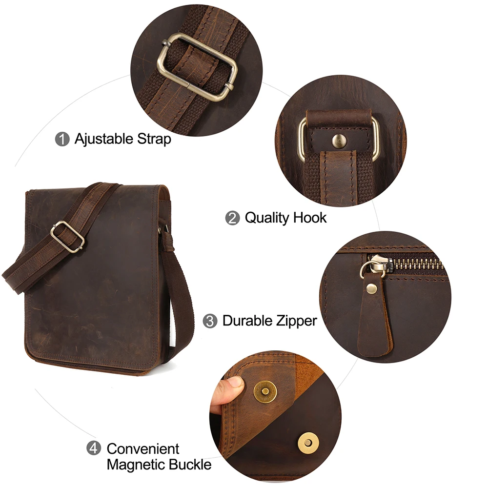 JOYIR Vintage Crazy Horse Leather Men Messenger Bag Flap Casual Male Small Crossbody Bag for 9.7\