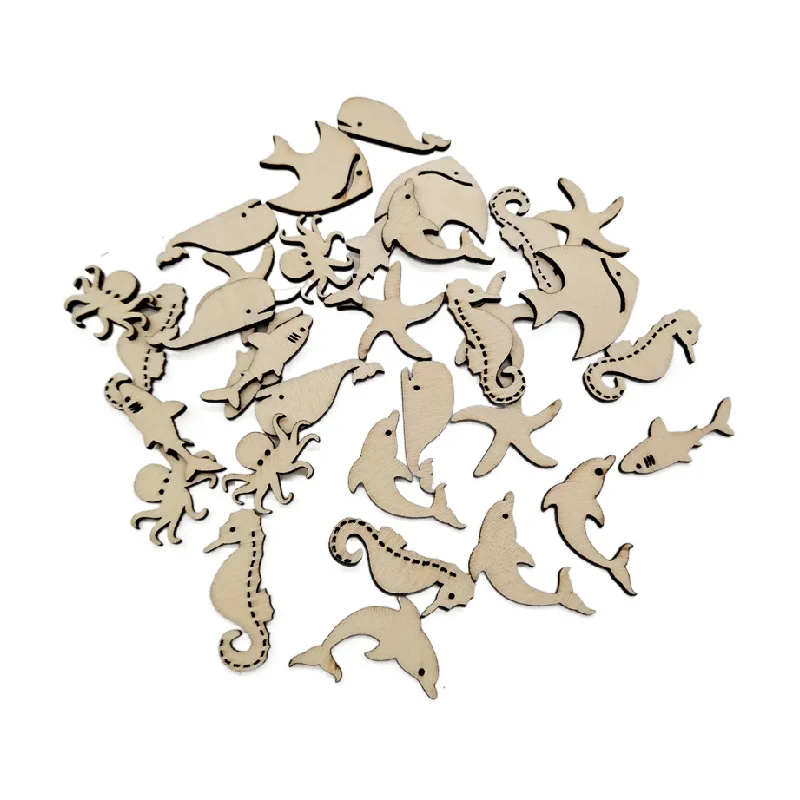 30pcs Unfinished Wood Sea Animal Shaped Crafts Blanks Wood Cutouts Natural Wood Pieces for DIY Crafting Ornament Decorations