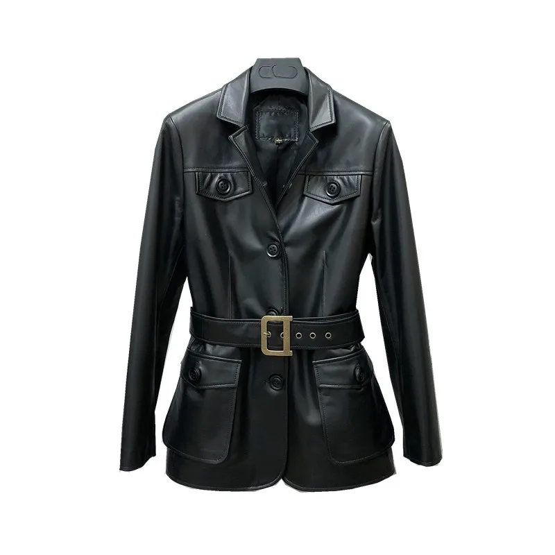 100% Genuine Leather Jacket Female Punk Short Coat Biker Pocket Slim Fit Sashes Windbreakers Office Classic Sheepskin Outerwear