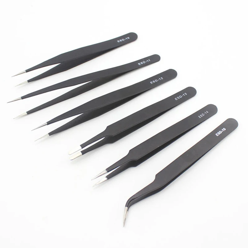 1/6 PCS pinzette antistatiche in acciaio inossidabile ESD strumenti di manutenzione pinzette diritte curve di precisione industriale strumenti di riparazione