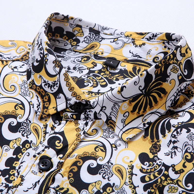 Vintage Yellow Floral Print Mens Shirts Luxury Paisley Slim Fit Long Sleeve Chemise Homme Streetwear For Men Dress Shirt 6XL 7XL