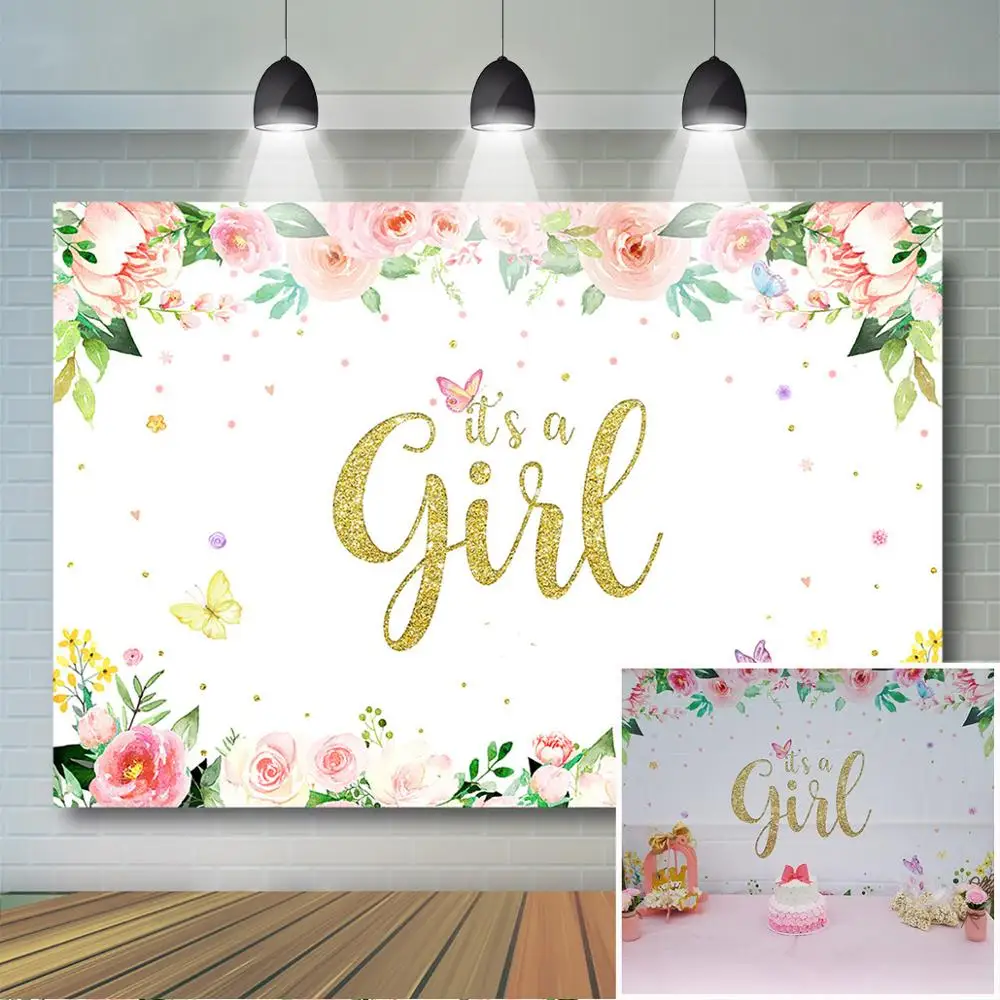 

Girls Baby Shower Backdrop Pink Flower Butterfly Photography Backdrops It's Girl Baby Shower Party Decorations Supplies