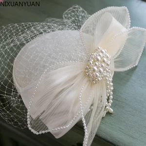 Wedding Hats for Women Vintage Net Bridal Hats Black White Wedding Accessorie Brides Fascinator Sinamay Wedding Birdcage Veil
