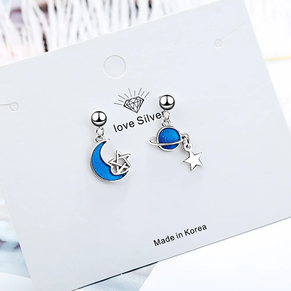 925 Sterling Silver Earrings Blue Universe Planet Moon Star Stud Earrings For Women Gift S-E899