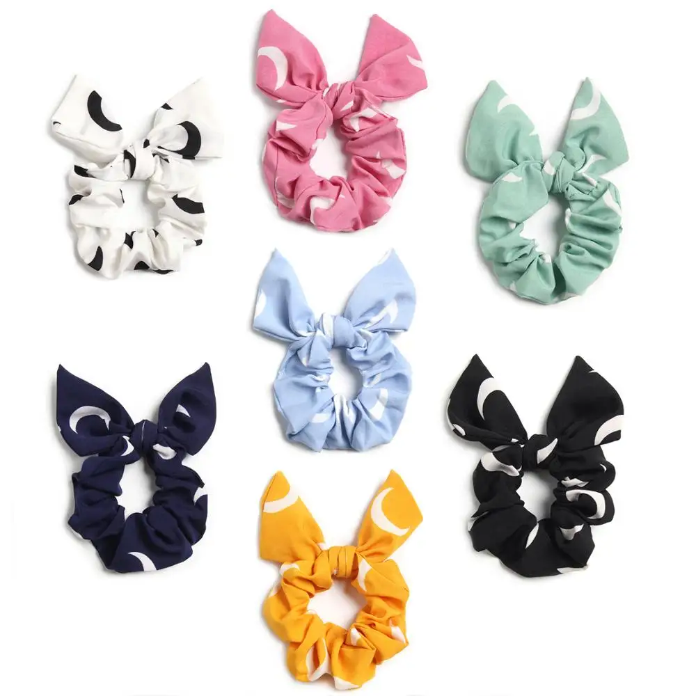 Furling Girl 1PC Moon Printed Solid Bow  Hair Ponytail Holder Hair ties Elastic  Polyester Hair Bands for Women Hair Accessories