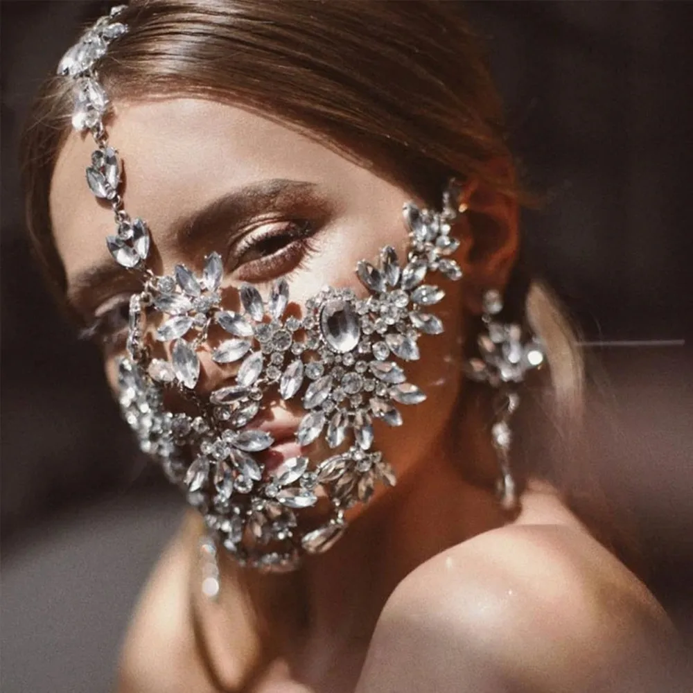 

INS Fashion Crystal Handmade Bling Masks Decoration Face Jewelry for Women Luxury Rhinestone Mask Chain Face Accessories Costume