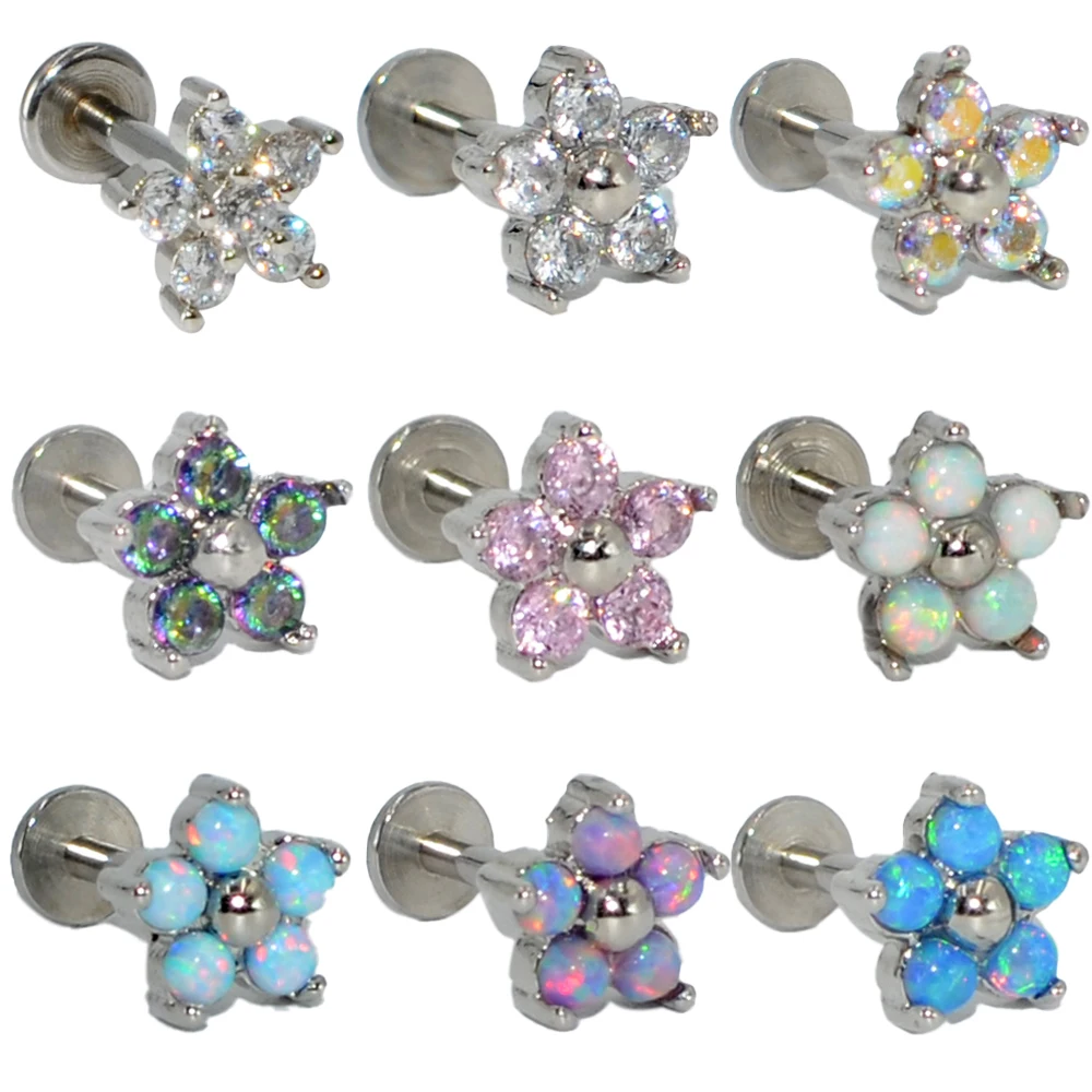 1PC Steel Flower Labret Monroe Lip Studs CZ Zircon Opal Ear Helix Tragus Cartilage Stud Earring Trendy Body Piercing Jewelry 16G