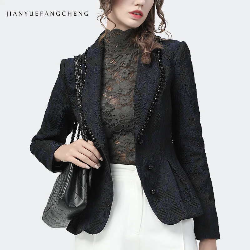 Ladylike Dark Blue Vintage Jacquard Blazer Women Elegant Slim Short Embroidery Beading Outwear Coat 2021 Autumn New Chic Tops