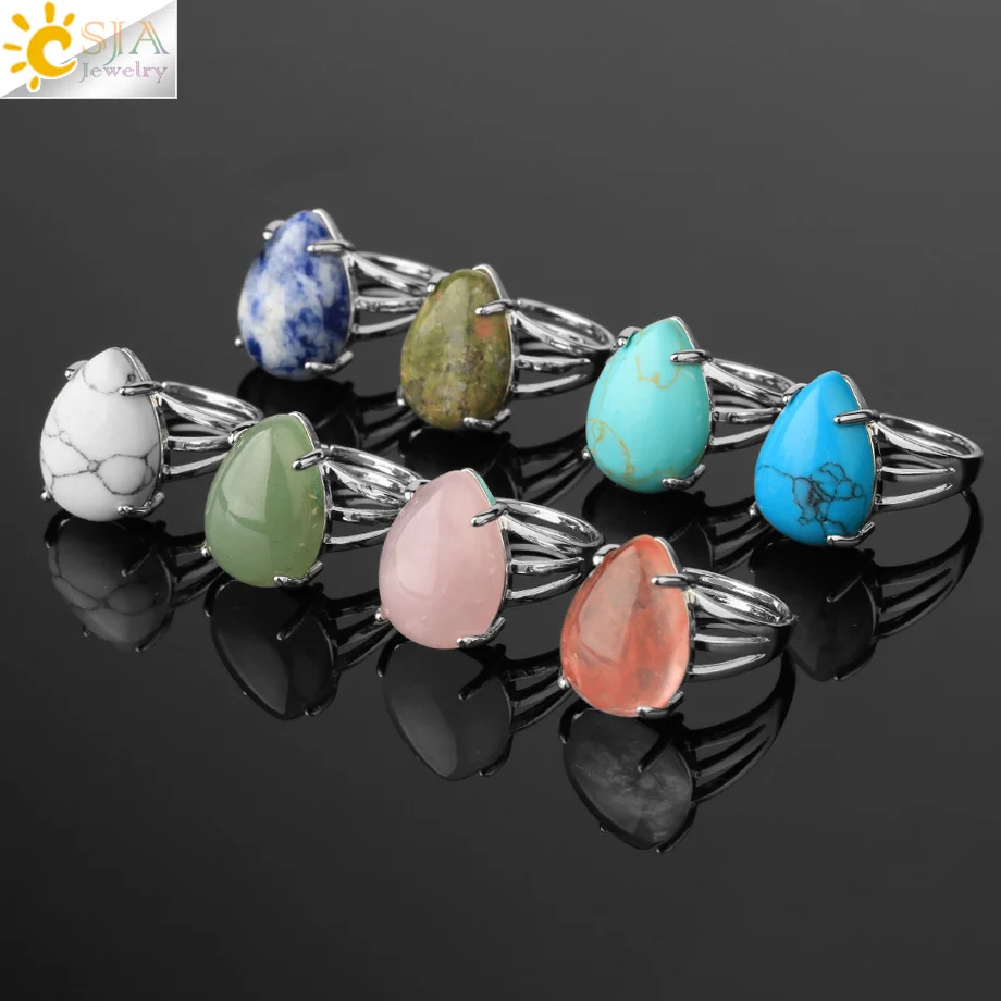 CSJA Water Drop Crystal Rings Natural Stone Ring for Girl Ametist Purple Rose Pink Quartz Green Aventurine Proposal Jewelry G689