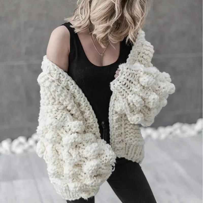 Chic Coarse Crochet Cardigan 3D Floral Hook Sweater Hand Knitted Coat V-Neck Rough Wool Lantern Sleeved Loose Jacket Tops 2021