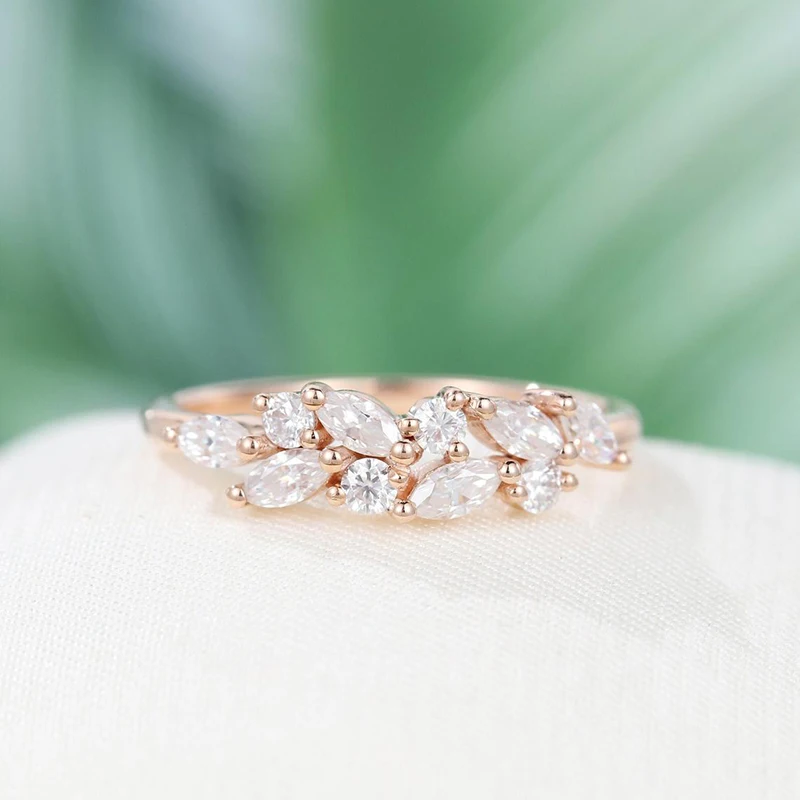 CxsJeremy 14K Au585 Rose Gold Vintage Marquise Cut Moissanite Wedding Band Stacking Matching Unique Half Eternity Bridal Gift