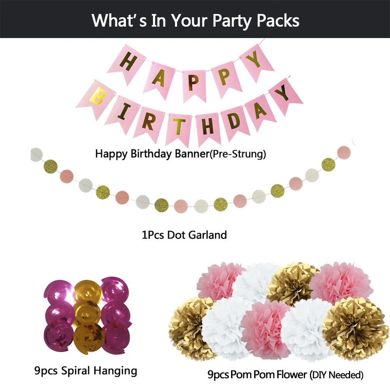 20Pcs/Set Birthday Party Decorations Happy Birthday Banner Hanging Swirl 4M Garland 9pcs 8 Inch Paper Flower Birthday Decor