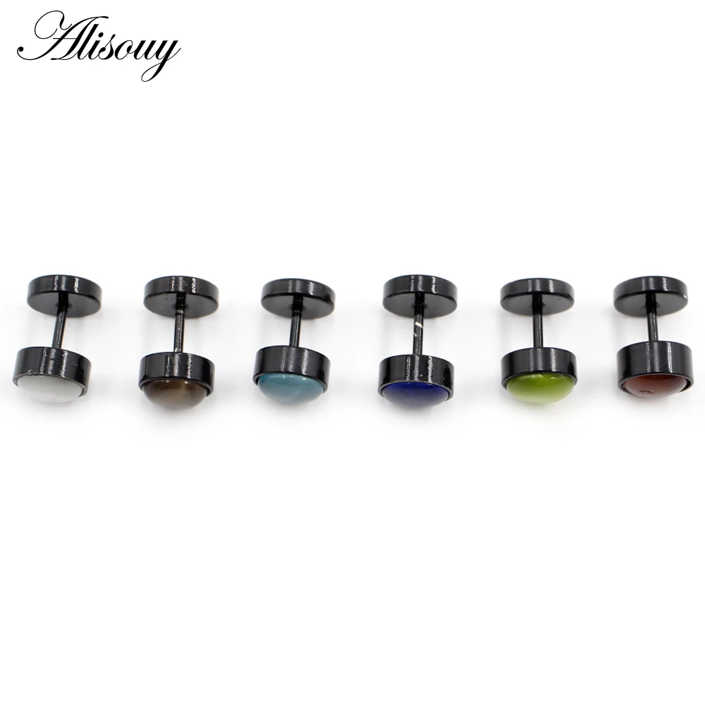 Alisouy 2pcs Punk Rock Black Stainless Steel Round Stones Women Men Unisex Barbell Ear Stud Dumbbell Earrings Pierceing Jewelry