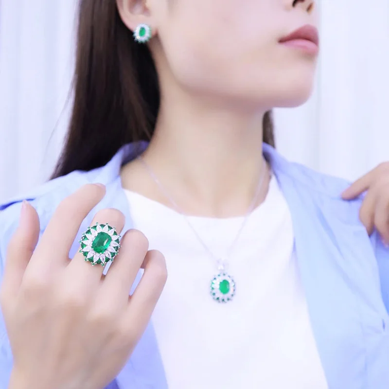 Luxury Crystal Green Flower Pendant Necklace For Women Jewelry Trendy Silver 925 Ring Earrings Jewelry Female Anniversary Bijou