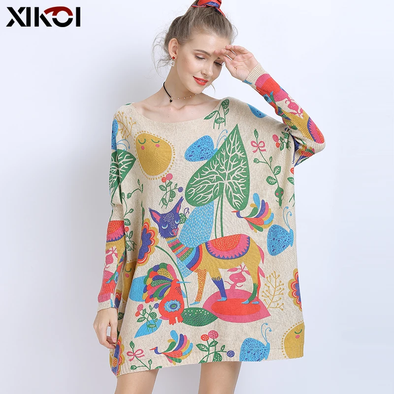 XIKOI Winter Wool Oversized Sweater For Women Warm Long Pullover Dresses Cartoon Print Jumper Casual Knitted Sweaters Pull Femme