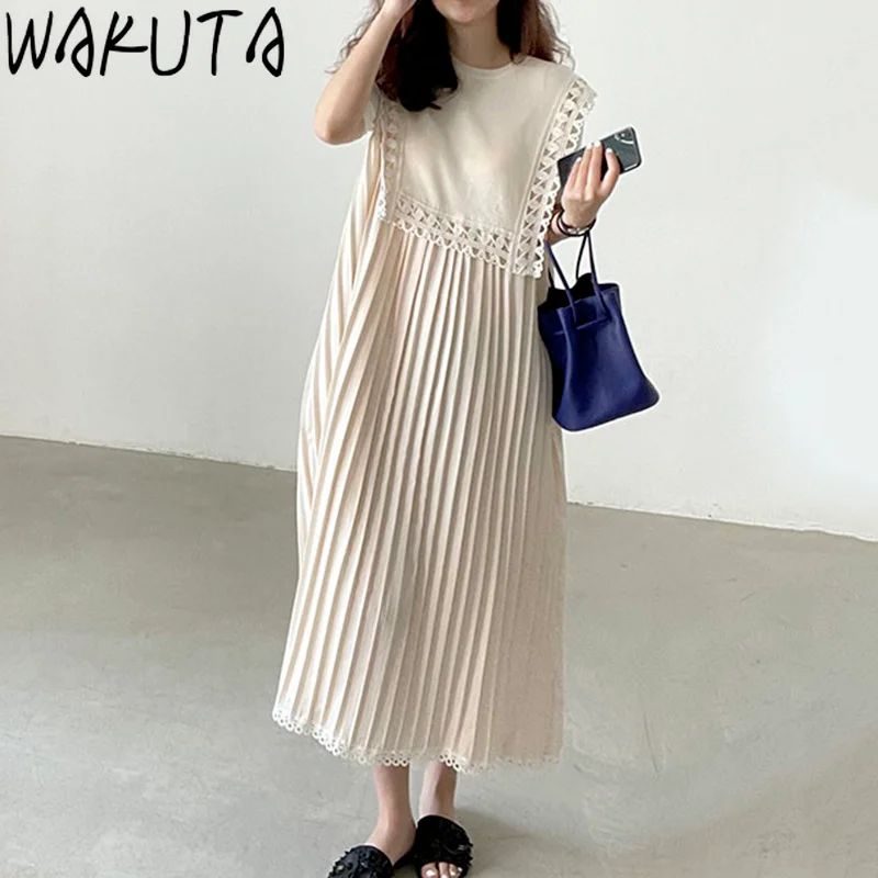 WAKUTA French New Women Vintage Loose Long Dress 2024 Summer Hollow Out Pleated Dresdes Fashion Korean Womens Clothes Elegant