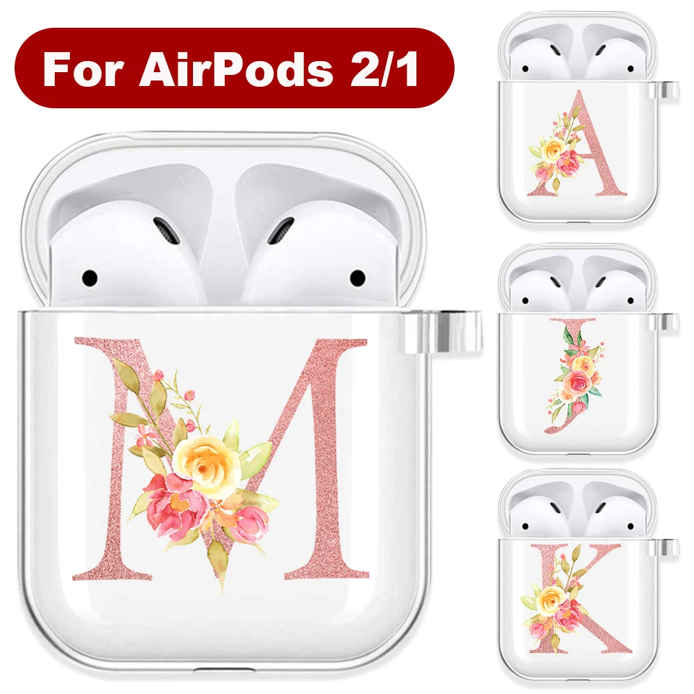 Pink Blush Alphabet Initial Letter Soft TPU Case for AirPods 2 1 A-Z Transparent Silicone Wireless Bluetooth Earphone Box Cover