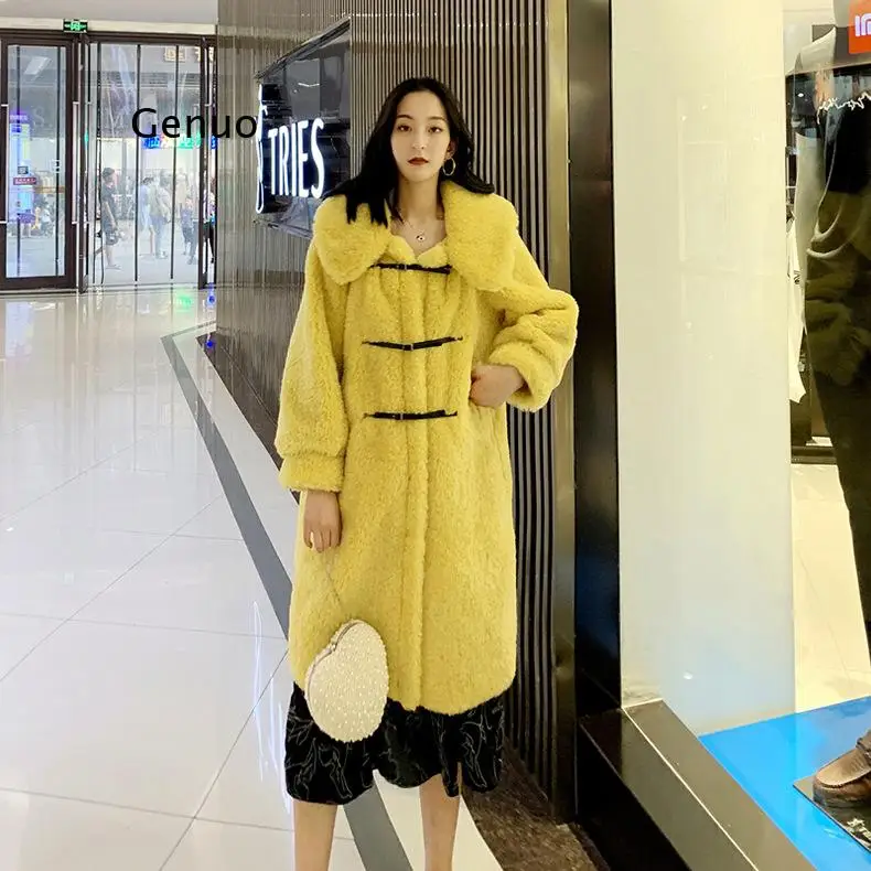 

Winter New Faux Fur Long Coat Women Loose Warm Particle Coat for Women's Long Fur Lamb Fur Coat Yellow Girls Winter Wear