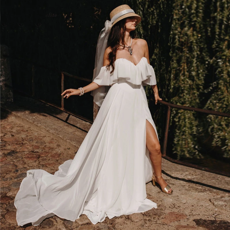 Fanweimei  Summer Boho Chiffon Slit Wedding Dress 2021 Sexy Sweetheart Sweep Train Off the Shoulder Backless Bridal Gowns