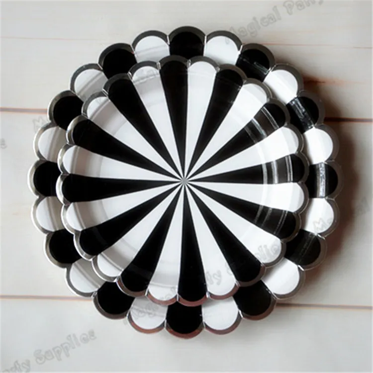 40pcs Large Black Striped Paper Plates Black and White Stripe with Silver Scallop Tableware Cups Napkins Wedding Party Supplies