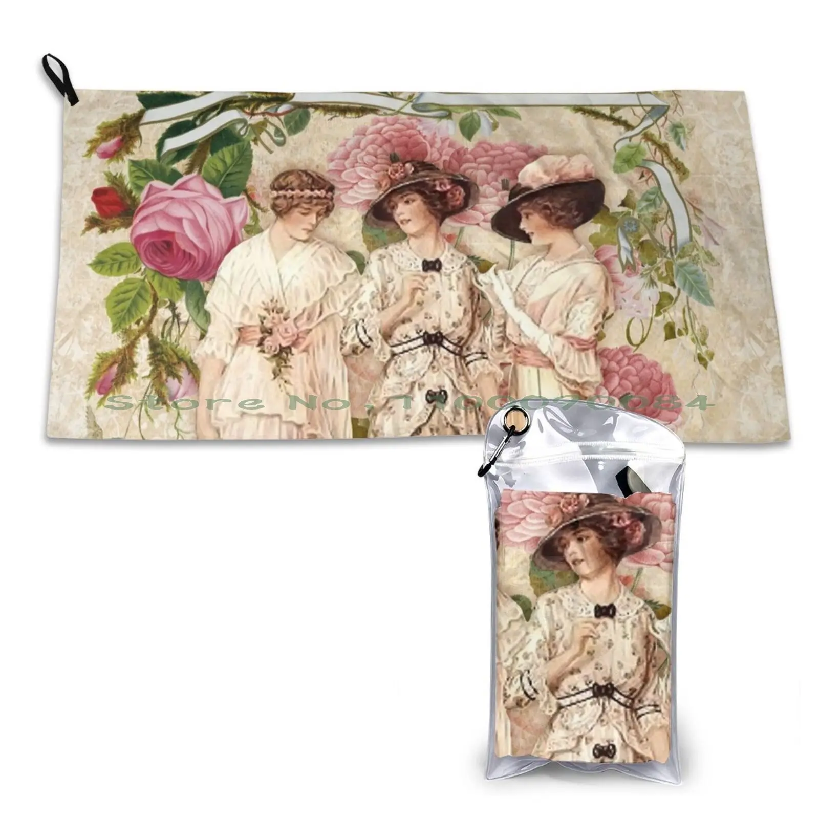 Edwardian Ladies Vintage Print Shabby Chic Vintage Pink Roses Quick Dry Towel Gym Sports Bath Portable Ladies Edwardian Vintage