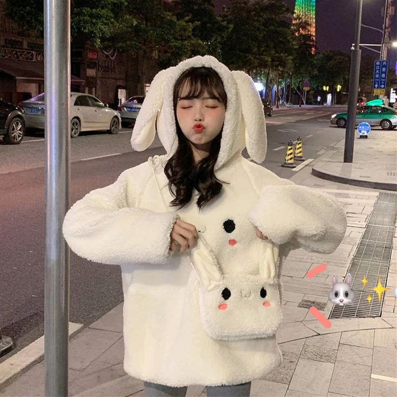 6 8 10 12 14 Year Girls Hoodies Cute Rabbit Ears Hooded Girls Coat Spring Autumn Fleece Kids Sweatshirt Children Outerwear & Bag