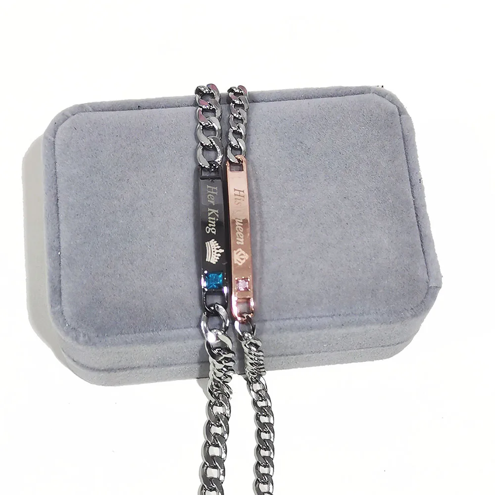 Stainless Steel Her King And His Queen Couple Necklace Pink Blue Crystal Couple Bracelet Necklace Jewelry Set