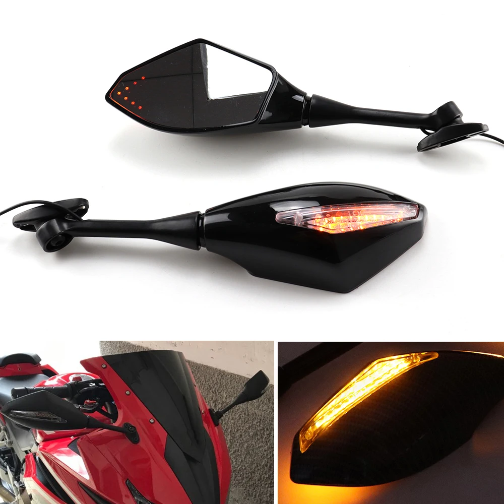 2PCS Motorcycle Handlebar Mount Rearview Side Mirrors with LED Turn Signal Lights Arrow For Honda Kawasaki Suzuki