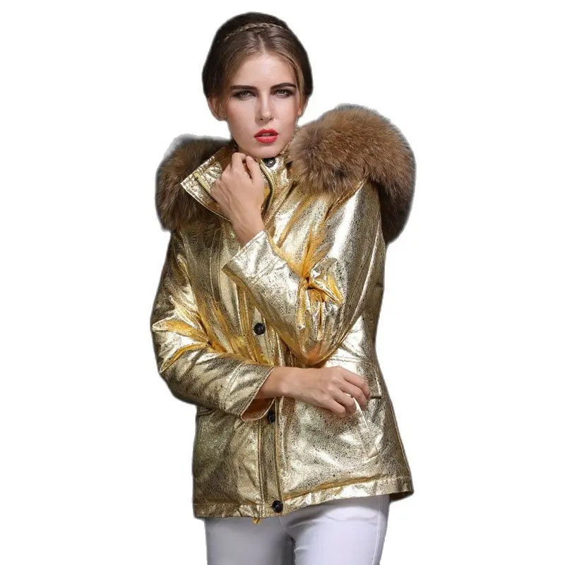 Golden Leather Short Fur Parka Natural Raccoon Fur Hoodies Mr or Ms Winter Down Fur Coat Wear