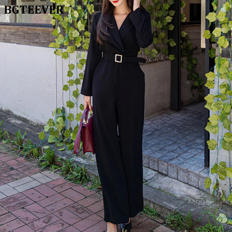 BGTEEVER Office Wear Ladies Playsuit Notched Collar V-neck Belted Slim Waist Female Jumpsuit Rompers Autumn Loose Overalls 2020