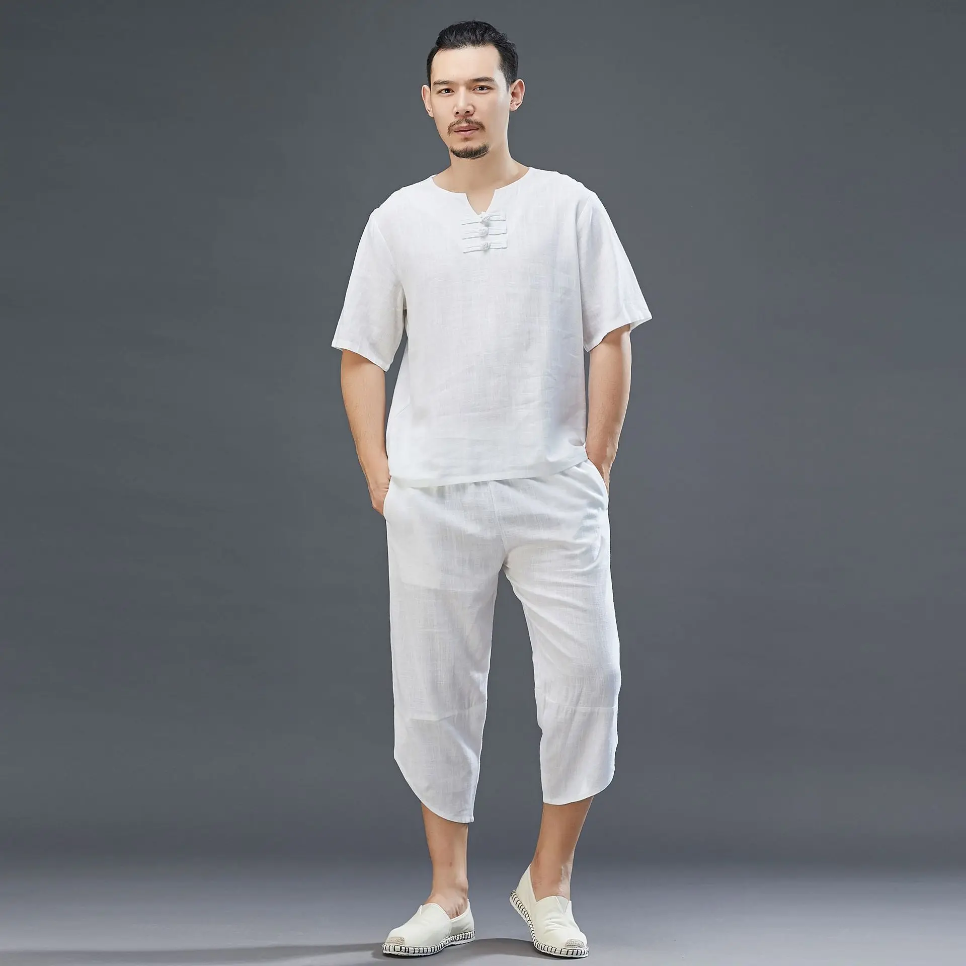 

Summer Men Yoga Set Linen Sport Suit Quickly Dry Loose Sweatpant+sweatshirt Jogger Tai Chi Outfit Running Casual Set Sportswear