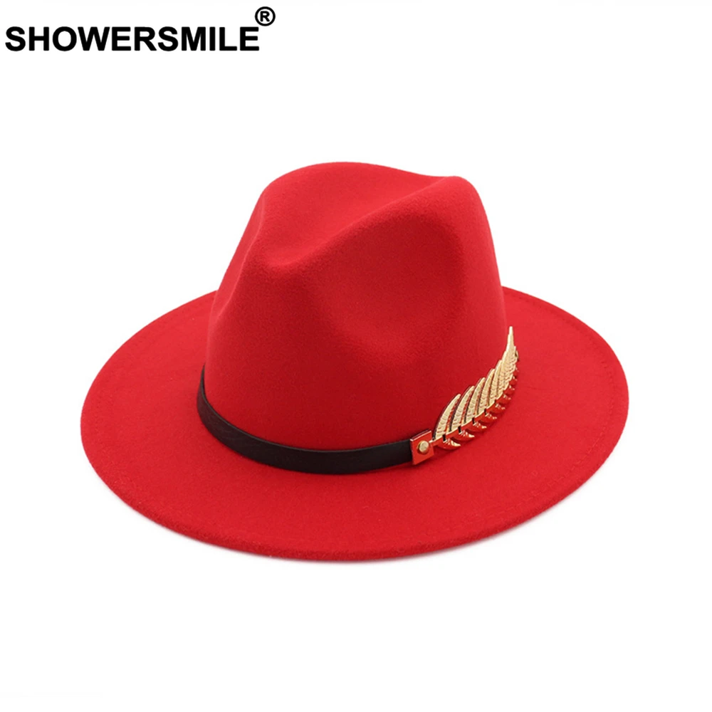 SHOWERSMILE Burgundy Women Fedora Hat Winter Female Wool Felt Hat Leaf Large Brim British Style Retro Jazz Cap Accessories