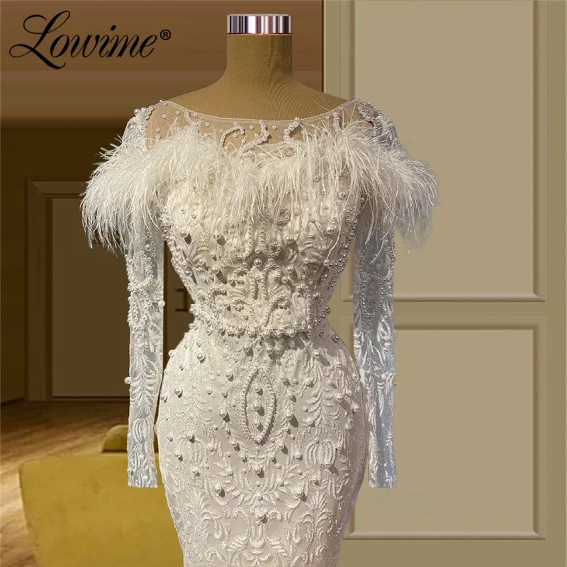 Lowime Elegant Lace Long Sleeve Mermaid Ivory Evening Dresses 2021  Feathers Pearls Beading Muslim Party Gown Vestidos De Fiesta