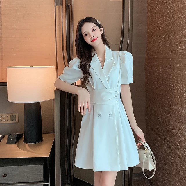 2021 Spring Summer New Korean Sweet Double-breasted Waist Suit Collar  Short-sleeved One Piece Fashion Women's Clothing Dress - Dresses -  AliExpress