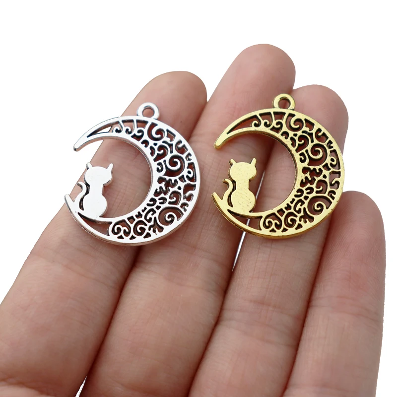 10 x Tibetan Silver/Gold Color 2 Sided Filigree Crescent Moon & Star Charms Pendants Beads for Necklace Earrings Jewelry Making