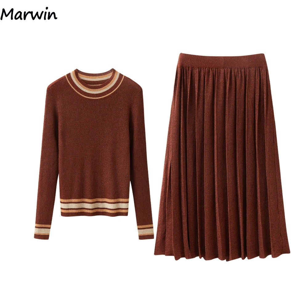 Marwin New-Coming Autumn Spring Warm Soft High Street Style Women\'s Sets Casual Mid-Calf Skirts Elastic Waist Silm Sweaters Sets