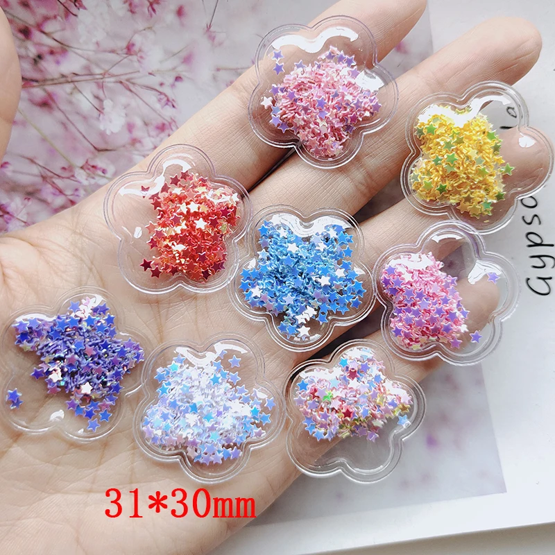 30pcs Quicksand Flower Transparent PVC with Glitter Appliques for DIY Children Clip Accessories