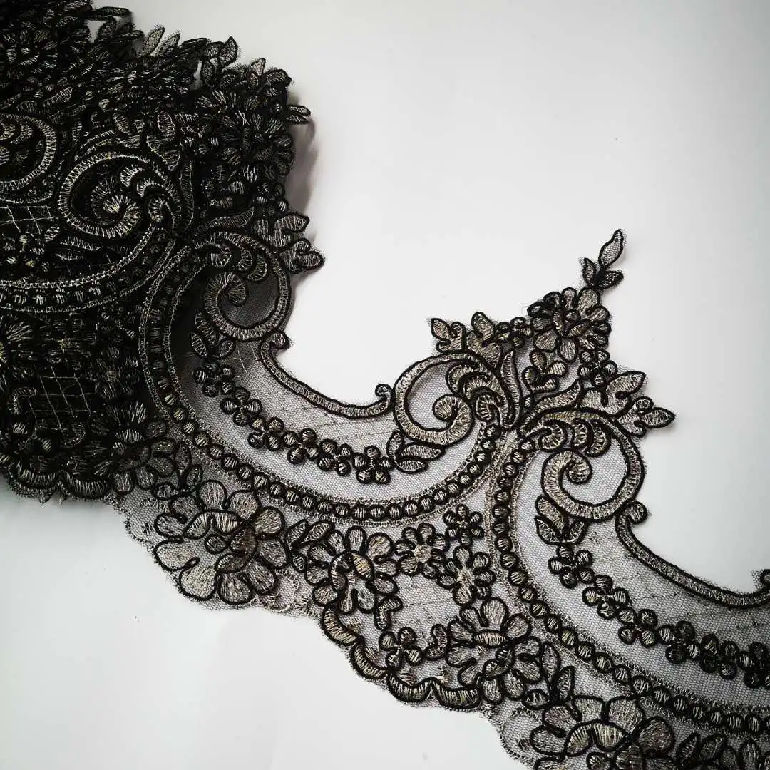 2Yards 20cm Wide Gold Black Thread Edge Polyester Embroidery Lace Trim for Bridal Wedding Gown Costume Design Lace Ribbon