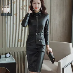 High Quality Women PU Leather Dress Autumn Elegant Sexy Office Party Bodycon Dress Female Single Breasted Midi Leather Dress 5XL