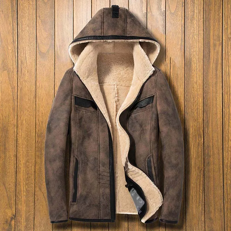 Mens Shearling Fur Overcoat - Hooded Sheepskin Leather Jacket, Short Winter Motorcycle Parkas Outerwear