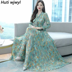 2024 Autumn Winter Vintage Women Maxi Dresses  Floral Chiffon Casual Beach Midi Dress Elegant Bodycon Party Long Sleeve Vestidos