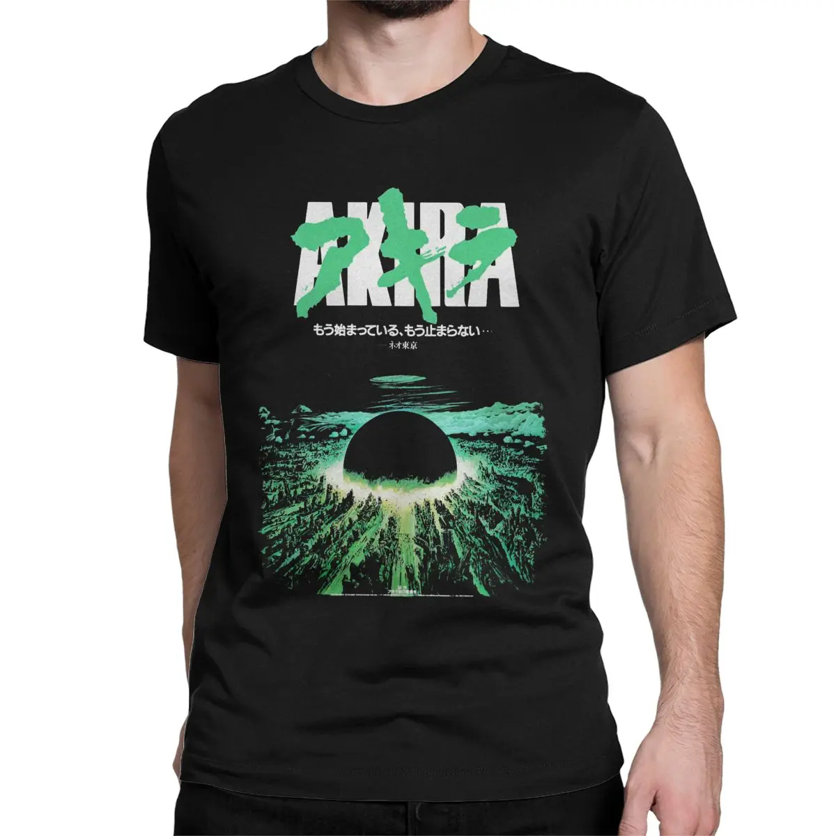 Men T-Shirt Akira Green Japanese City Explosion Casual 100% Cotton Tee Shirt Short Sleeve T Shirts Round Collar Clothing Party