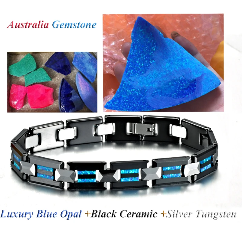 Luxury Bracelets for men male waterproof tarnish free fine Western Designer black ceramic blue opal tungsten carbide jewelry