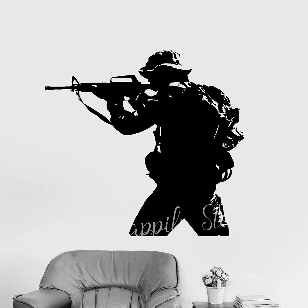 Cool Soldier Vinyl Wall Decal for Boys Bedroom Weapon Military War Wall Stickers Mural Home Decoration Wallpaper P604