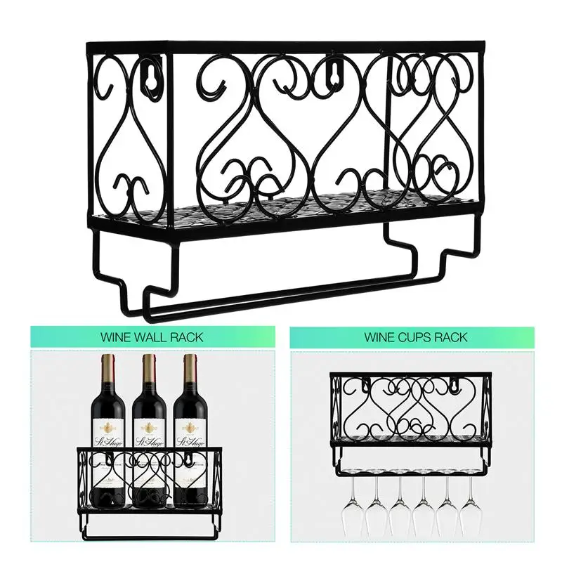 Wall Mounted Iron Wine Rack Wine Bottles Glass Cups Storage Hanging Rack Bar Hanger Shelf Wine Glass Rack Stand Holder